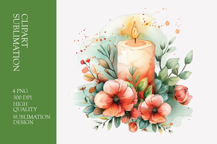 Floral candle watercolor clipart sublimation