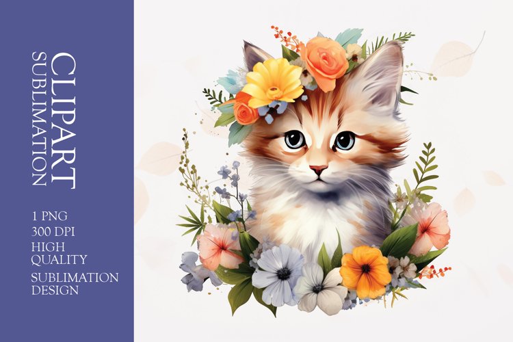 Watercolor Floral Cat Clipart Sublimation