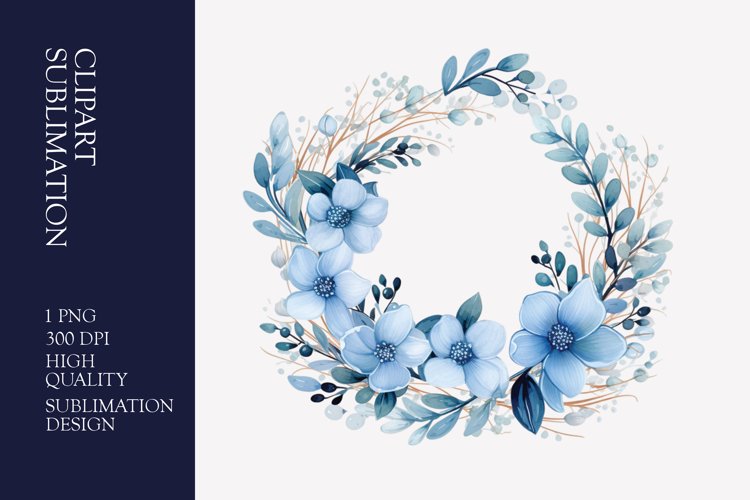 Blue floral wreath watercolor clipart sublimation