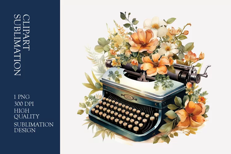 Vintage Floral Typewriter Watercolor Clipart Sublimation