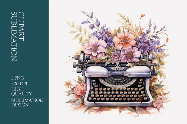 Vintage Floral Typewriter Watercolor Clipart Sublimation