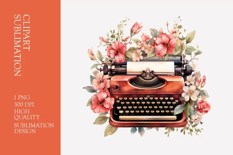 Vintage Floral Typewriter Watercolor Clipart Sublimation