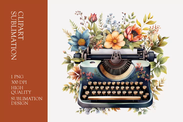 Vintage Floral Typewriter Watercolor Clipart Sublimation