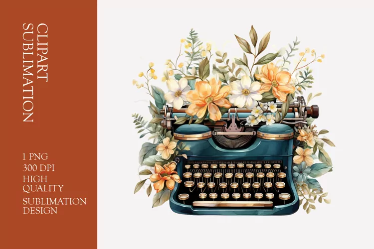 Vintage Floral Typewriter Watercolor Clipart Sublimation