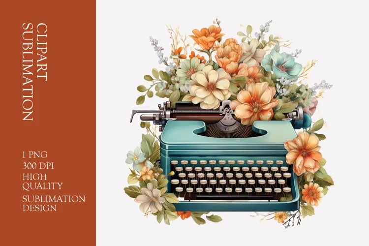 Vintage Floral Typewriter Watercolor Clipart Sublimation