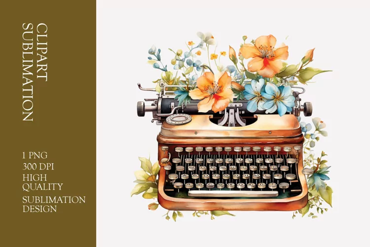 Vintage Floral Typewriter Watercolor Clipart Sublimation