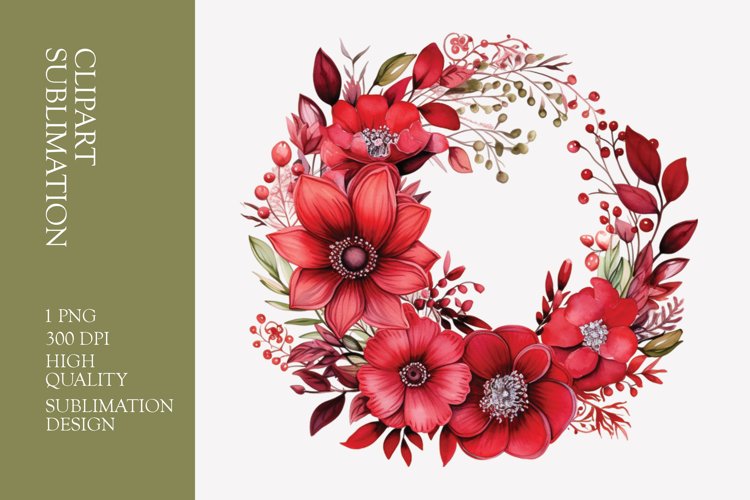 Red floral wreath watercolor clipart sublimation