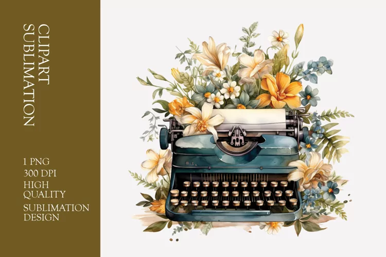 Vintage Floral Typewriter Watercolor Clipart Sublimation