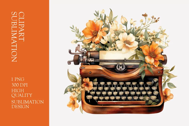 Vintage Floral Typewriter Watercolor Clipart Sublimation