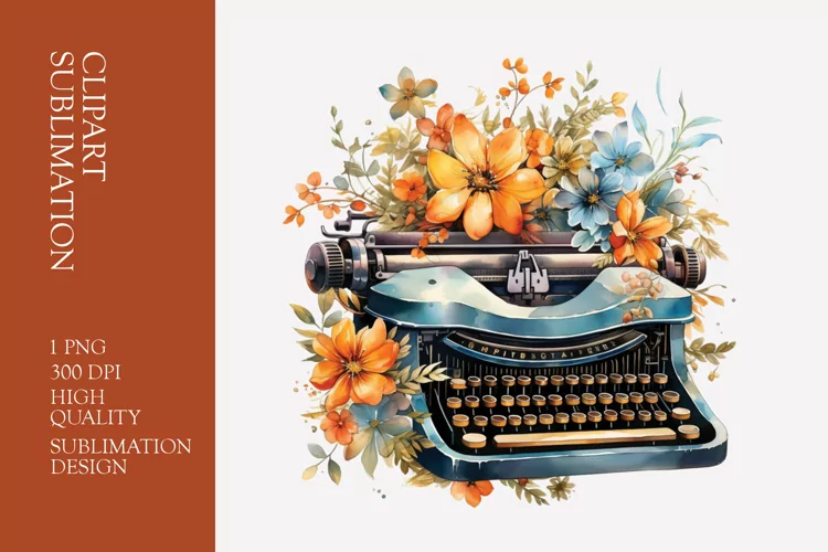Vintage Floral Typewriter Watercolor Clipart Sublimation
