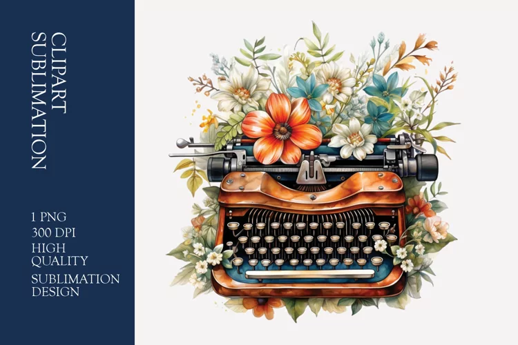 Vintage Floral Typewriter Watercolor Clipart Sublimation