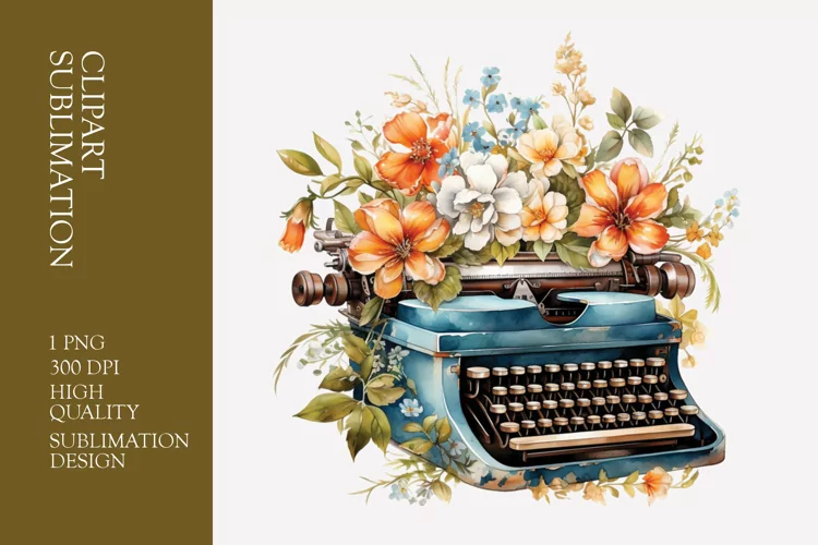 Vintage Floral Typewriter Watercolor Clipart Sublimation