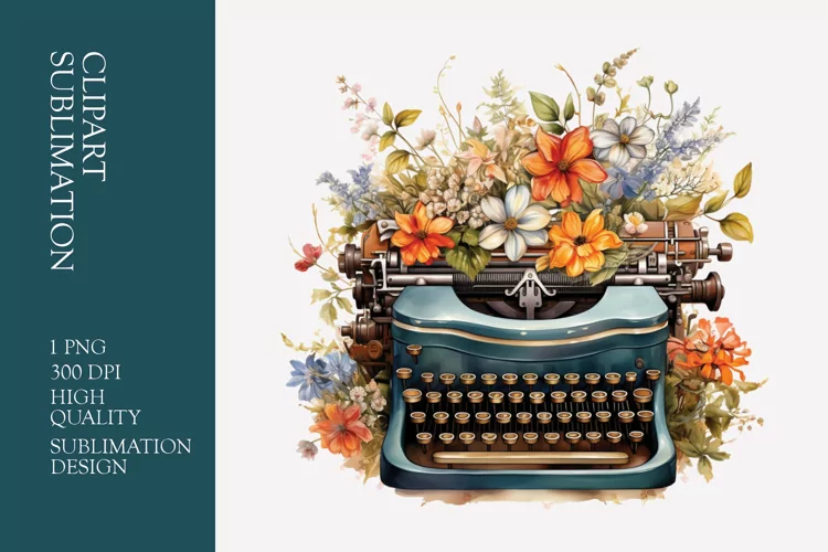 Vintage Floral Typewriter Watercolor Clipart Sublimation