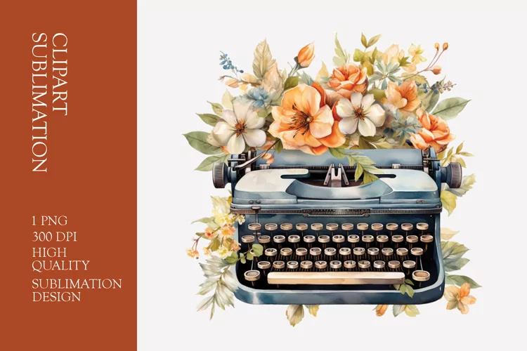Vintage Floral Typewriter Watercolor Clipart Sublimation