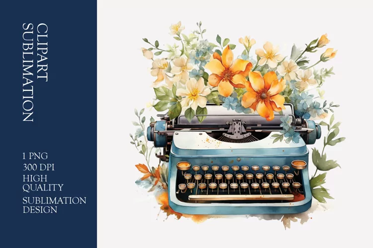 Vintage Floral Typewriter Watercolor Clipart Sublimation
