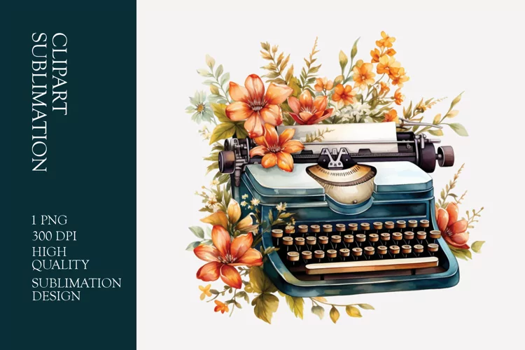 Vintage Floral Typewriter Watercolor Clipart Sublimation