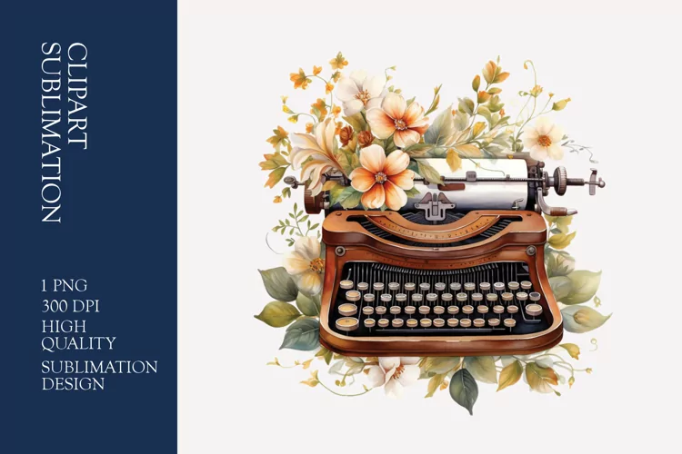 Vintage Floral Typewriter Watercolor Clipart Sublimation