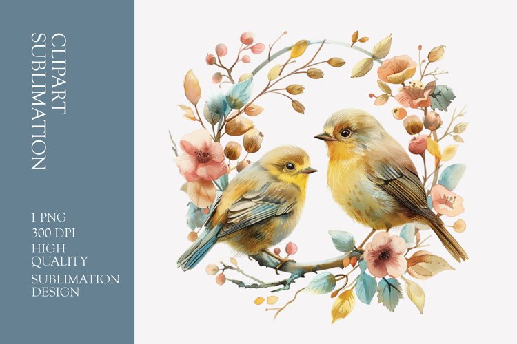 Two birds in love with flower frame watercolor clipart