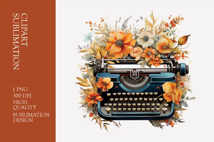 Vintage Floral Typewriter Watercolor Clipart Sublimation