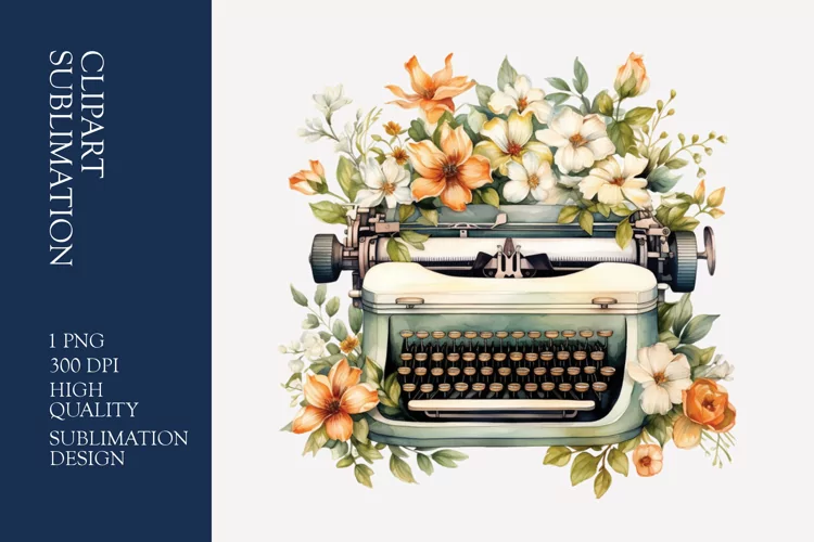 Vintage Floral Typewriter Watercolor Clipart Sublimation
