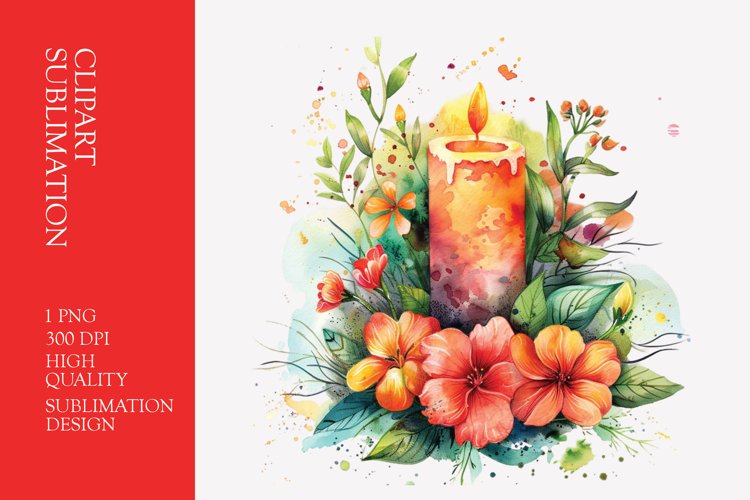 Floral candle watercolor clipart sublimation