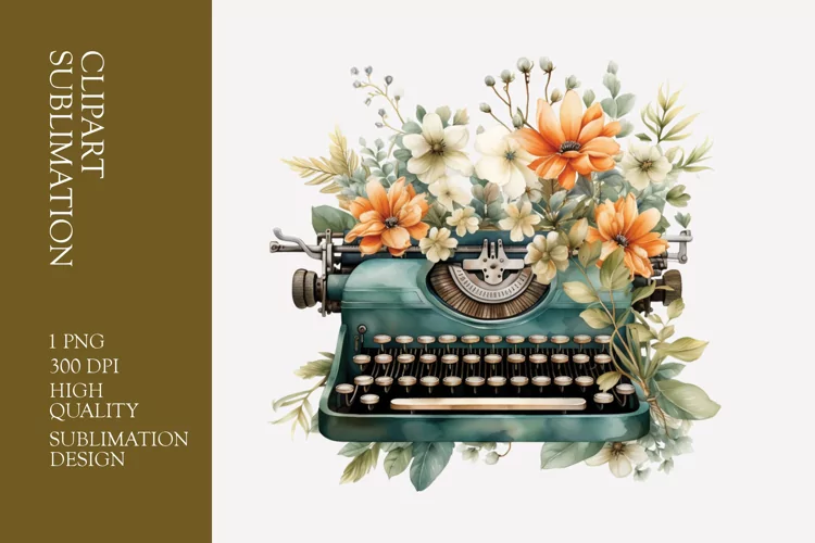 Vintage Floral Typewriter Watercolor Clipart Sublimation