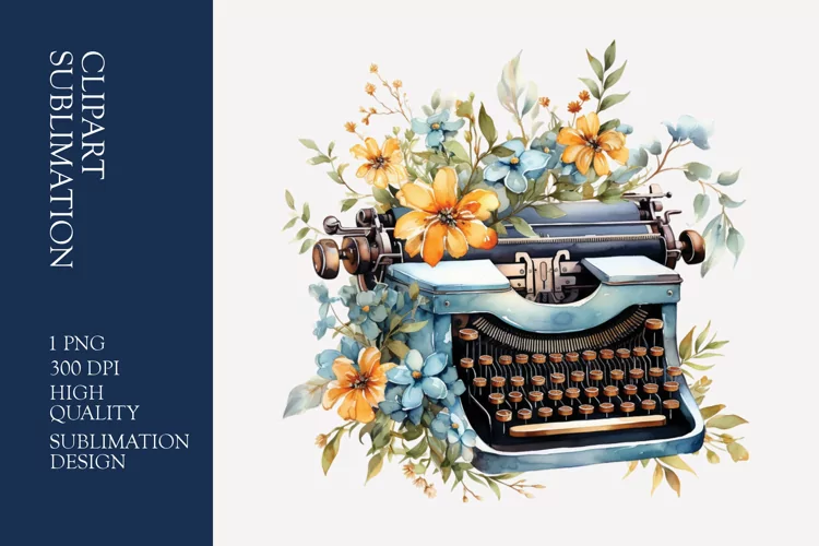 Vintage Floral Typewriter Watercolor Clipart Sublimation