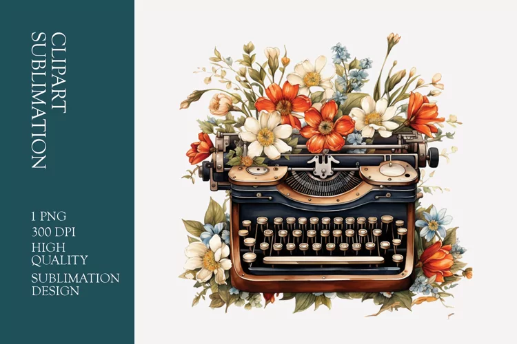 Vintage Floral Typewriter Watercolor Clipart Sublimation