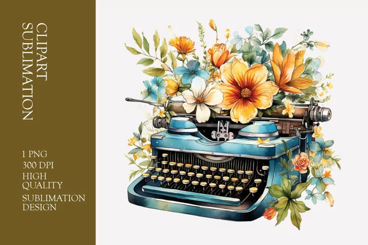 Vintage Floral Typewriter Watercolor Clipart Sublimation