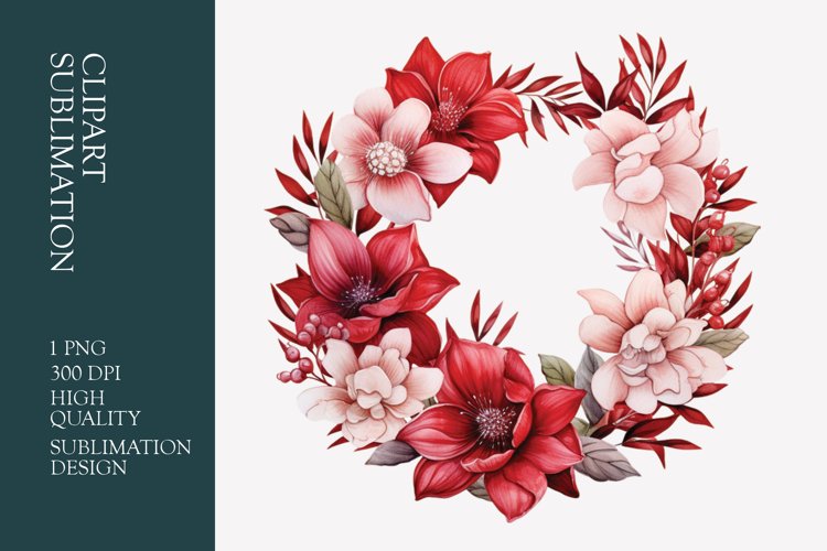 Red floral wreath watercolor clipart sublimation