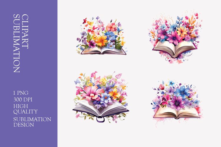 Floral books watercolor clipart sublimation