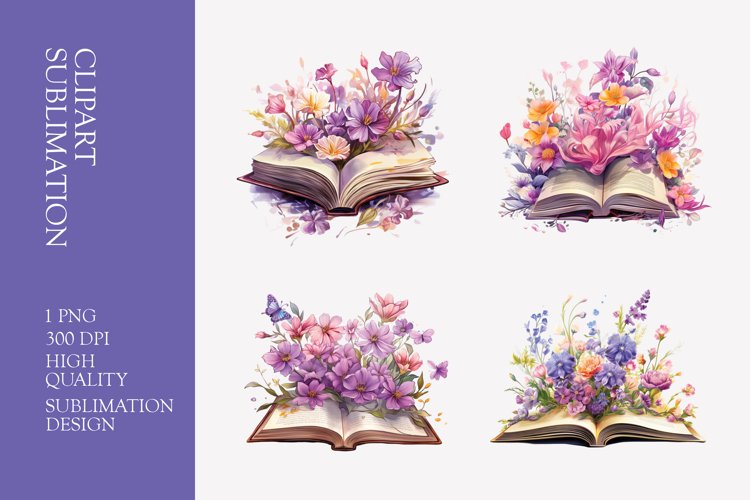 Floral books watercolor clipart sublimation