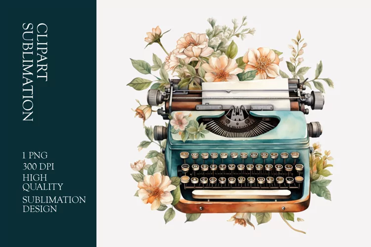 Vintage Floral Typewriter Watercolor Clipart Sublimation