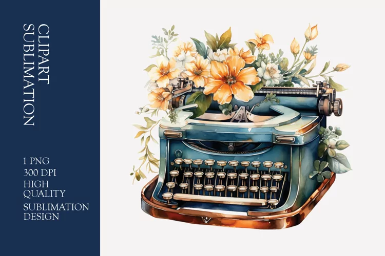 Vintage Floral Typewriter Watercolor Clipart Sublimation