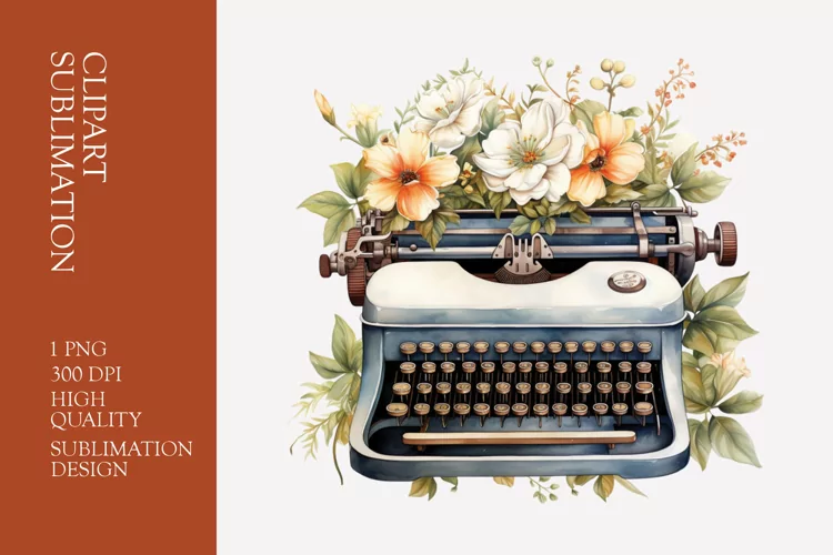 Vintage Floral Typewriter Watercolor Clipart Sublimation