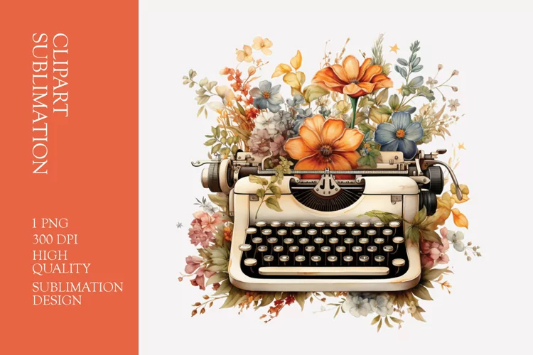Vintage Floral Typewriter Watercolor Clipart Sublimation