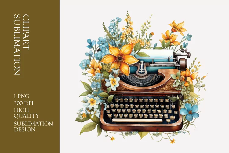 Vintage Floral Typewriter Watercolor Clipart Sublimation