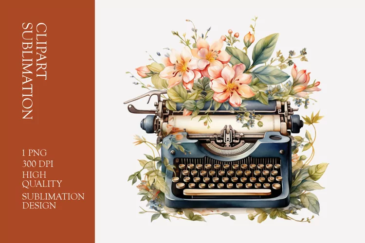 Vintage Floral Typewriter Watercolor Clipart Sublimation