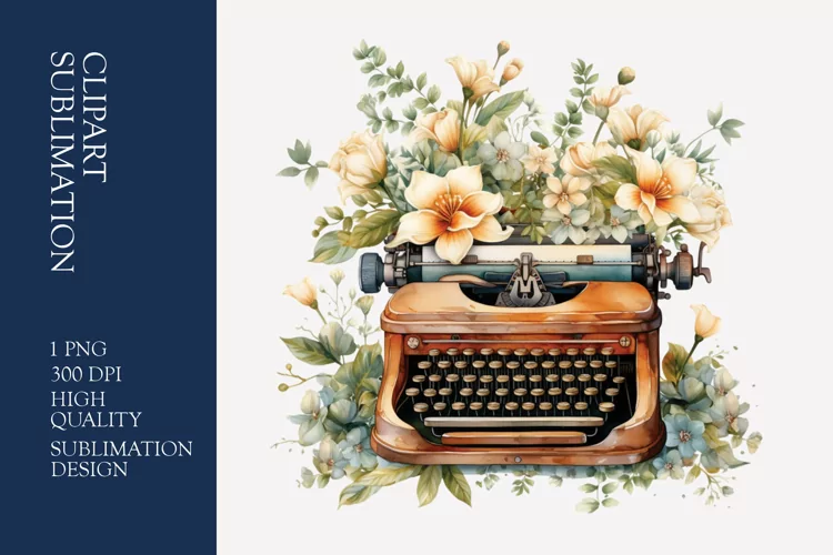 Vintage Floral Typewriter Watercolor Clipart Sublimation