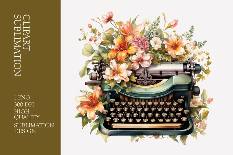Vintage Floral Typewriter Watercolor Clipart Sublimation