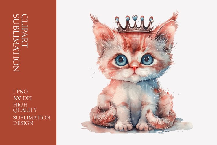 Cute kitten with crown watercolor clipart sublimation