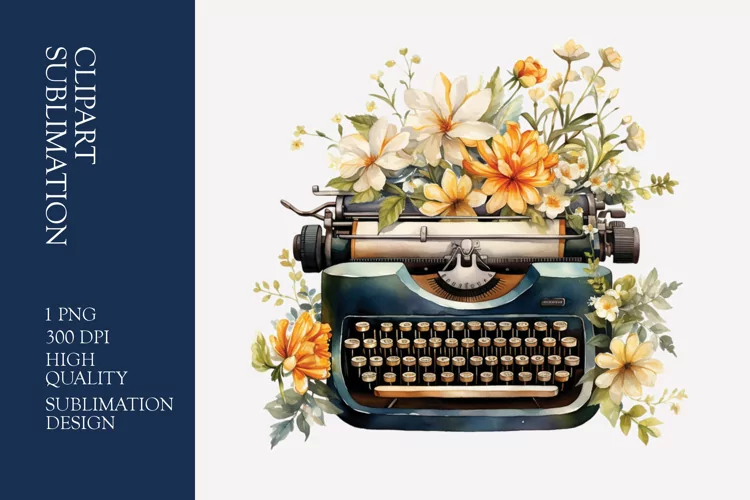 Vintage Floral Typewriter Watercolor Clipart Sublimation