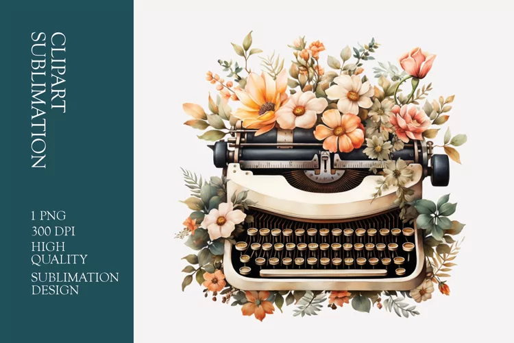 Vintage Floral Typewriter Watercolor Clipart Sublimation