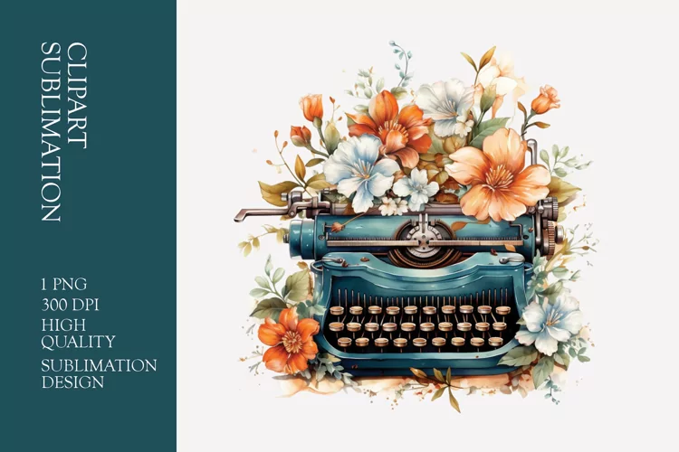 Vintage Floral Typewriter Watercolor Clipart Sublimation