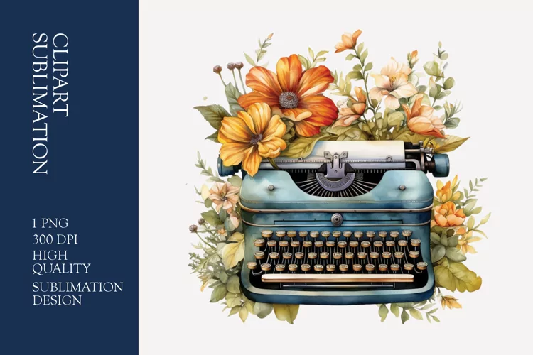 Vintage Floral Typewriter Watercolor Clipart Sublimation