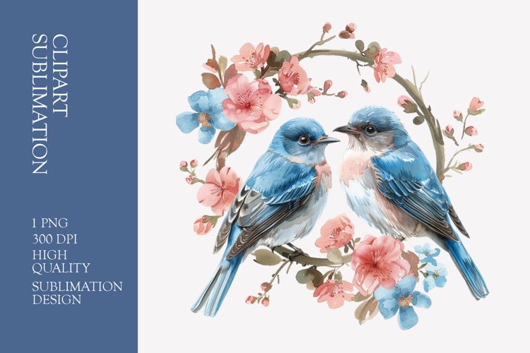 Two birds in love with flower frame watercolor clipart