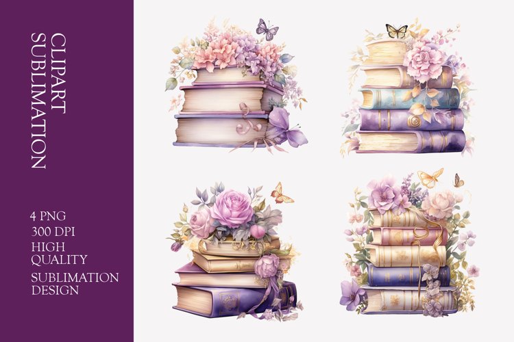 Floral books watercolor clipart sublimation