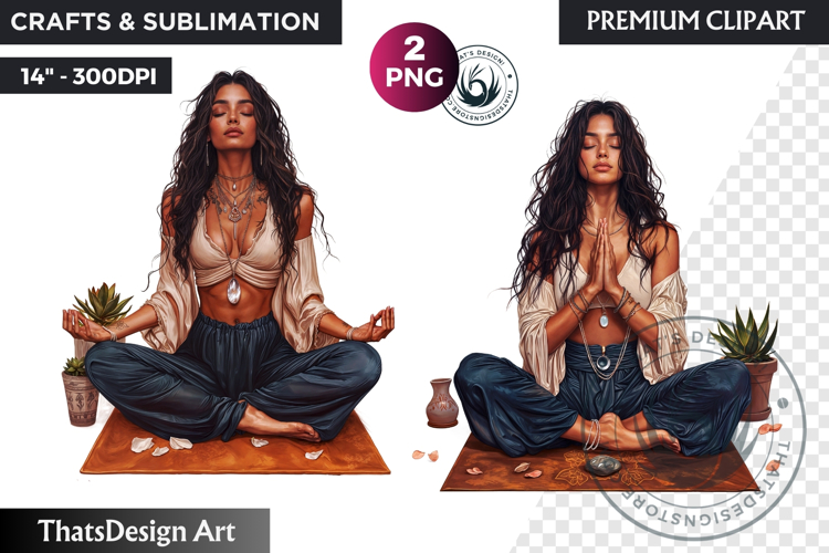 Meditating Boho Woman Clipart for Sublimation , Yoga clipar
