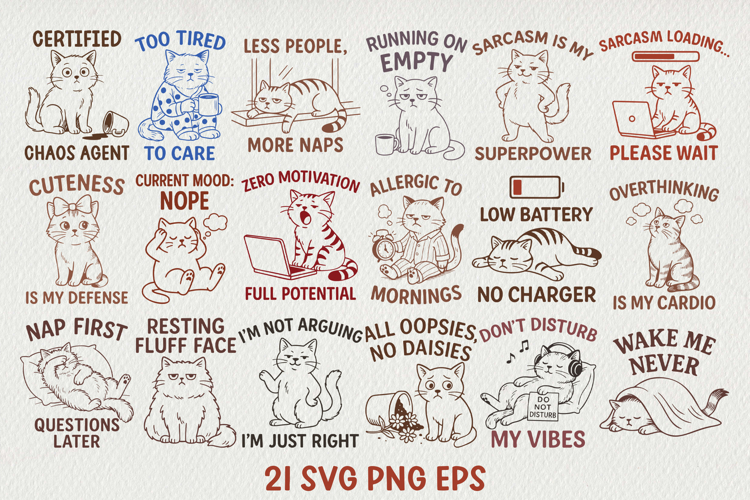 Sarcastic Cat Illustration Funny Lazy Line Art Kitty SVG PNG