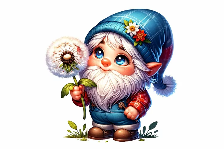 Gnome Holding Dandelion clipart, Fantasy clipart